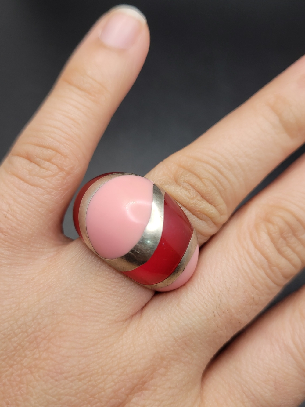 RARE Signed Cobra 925 Sterling Silver Bombe Cocktail Ring Pink Red Resin Inlay